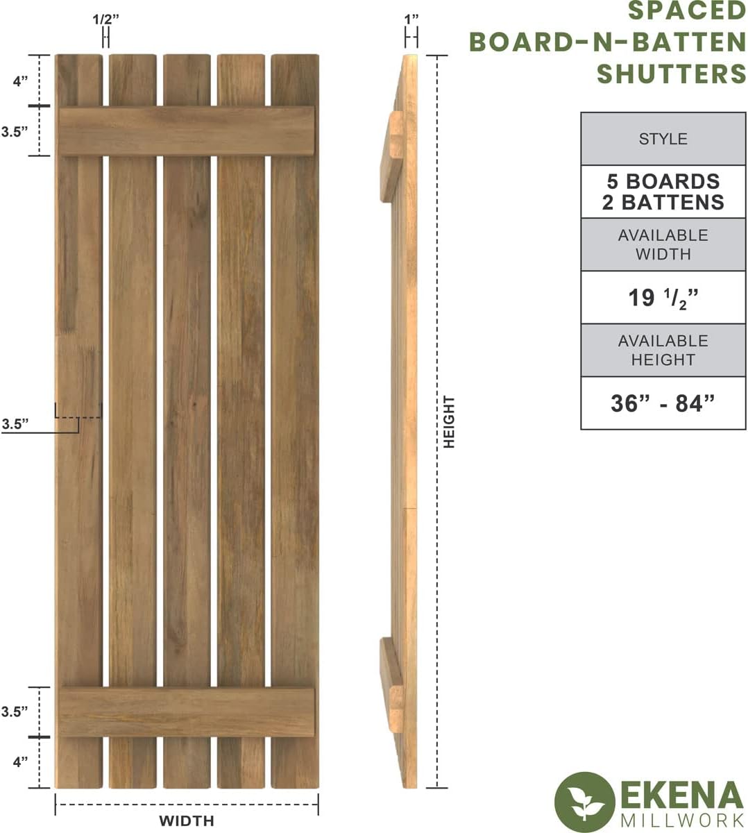 19 1/2"W x 75"H Americraft Five Board (2 Batten) Exterior Real Wood Spaced Board-n-Batten Shutters (Per Pair), Sojourn Blue