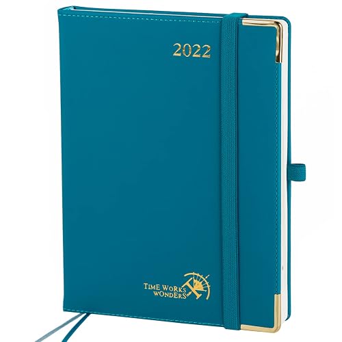 POPRUN Premium Executive Diary 2022 Week to View 21.5 x 16.5 cm - Weekly Planner with Vegan Leather Hardback, 100 gsm Paper, Inner Pocket - Turquoise