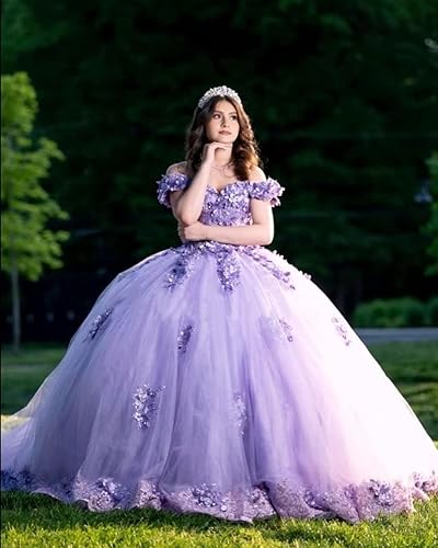 Miniatura 5 de XYAYE Vestido de quinceañera con cuentas de encaje con hombros descubiertos para mujer, vestido de fiesta con flores 3D hinchadas, dulces 15 16