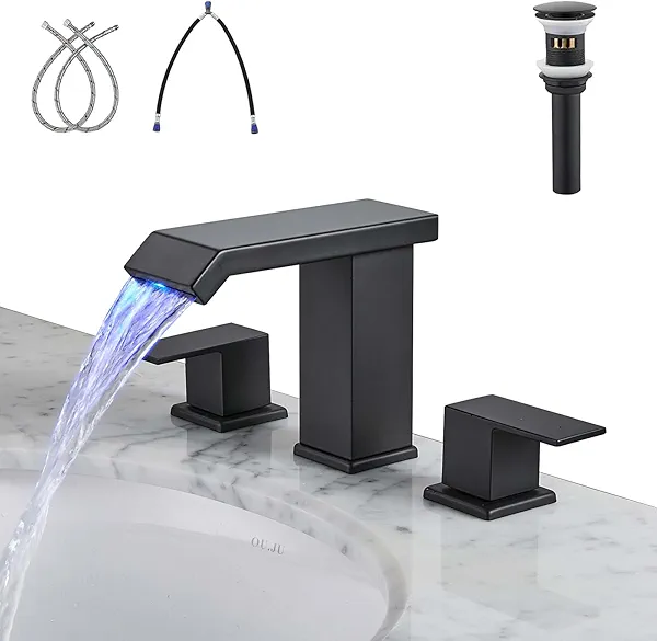 Kyatinsal LED Bathroom Sink Faucet 3 Hole, Matte Black Waterfall Bathroom Faucets, 8 Inch Widespread Modern Bathroom Sink with Pop up Drain and Supply Hose Assembly