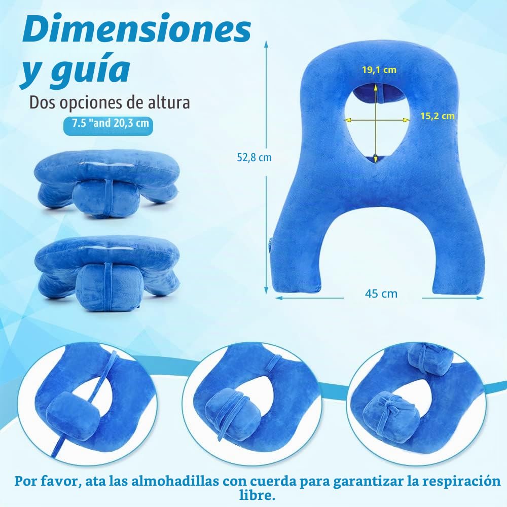 Almohada para Dormir Boca Abajo con Agujero Facial para Cirugía de Ojos, Posicionamiento Cabeza, Masaje y Bronceado