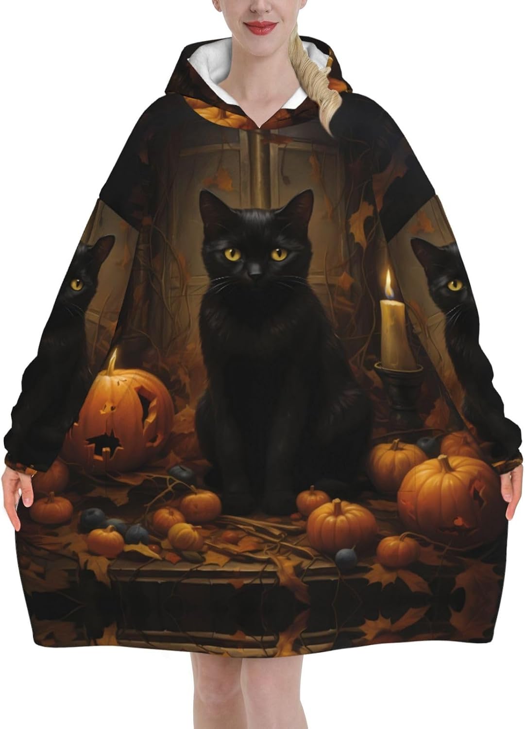Black Cat Print Blanket Hoodie Fleece Sweatshirt Blanket With Sleeves And Pockets