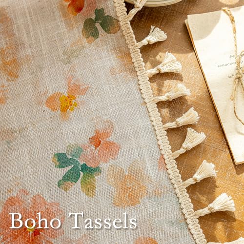 Image of MYSKY HOME Floral Boho Linen Curtains 84 inch Long 2 Panels Set Farmhouse Vintage Orange Printed Semi Sheer Light Filtering Spring Window Drapes With Tassels Back Tab for Living Room Bedroom, W50 inch