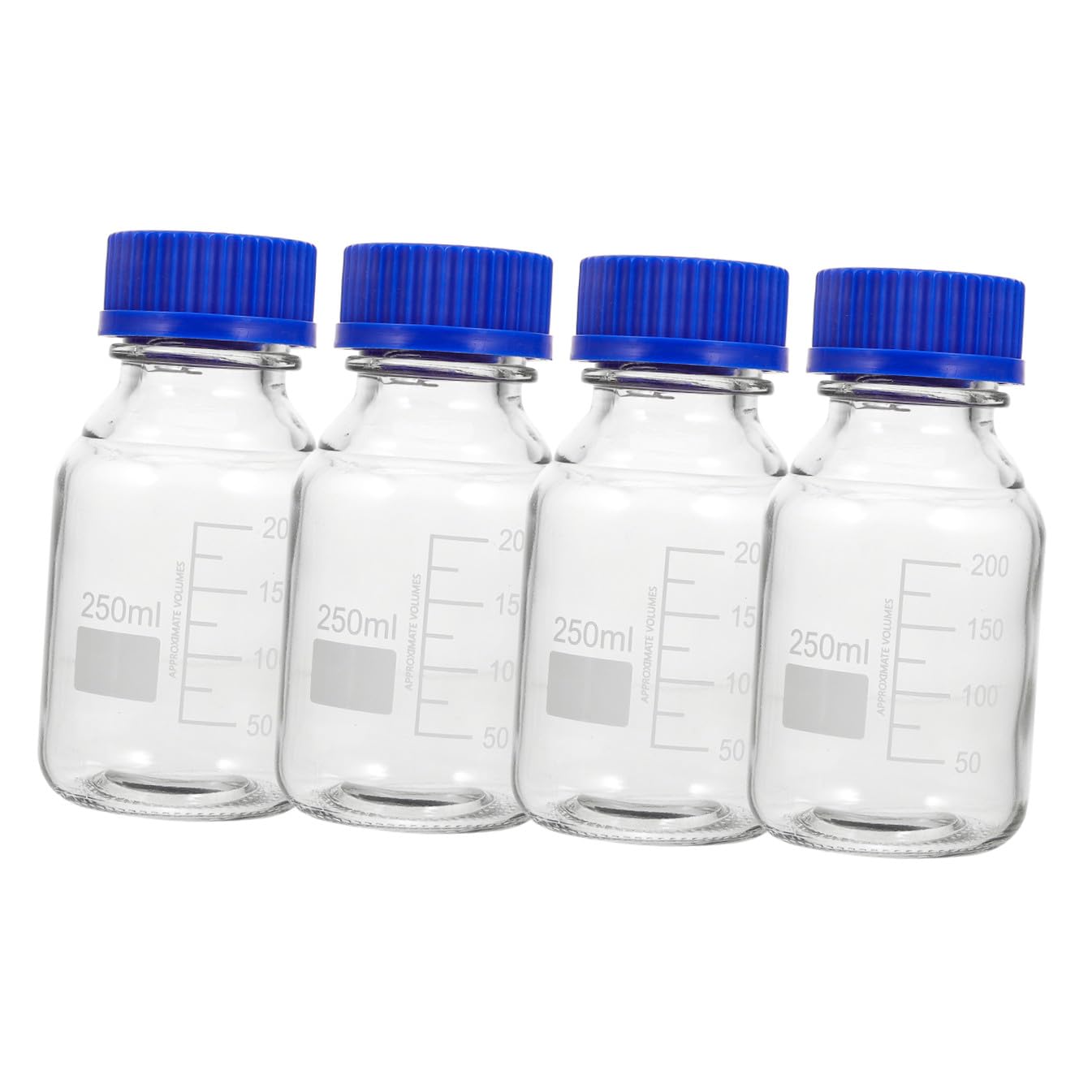 PLAFOPE 4 Pezzi Bottiglia di Reagente Graduata 250ml in Vetro con Tappo a Vite Blu Resistente alla Rottura e Lavabile per Laboratorio e Applicazioni in Classe