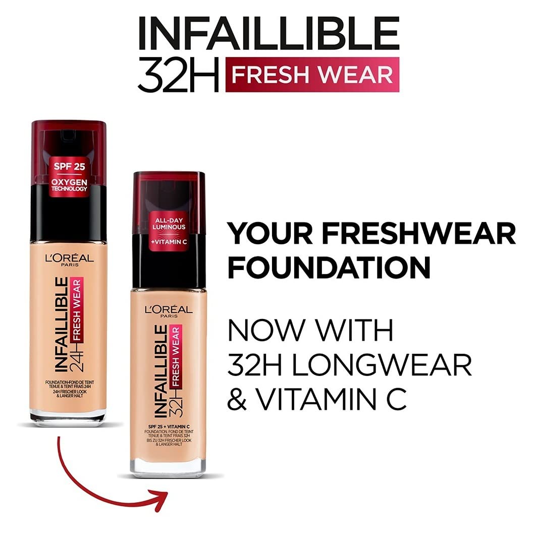 L Oreal Paris Infallible 24hr Freshwear Liquid Foundation 145 Rose Beige, Hydrating, Weightless Feel, Transfer-Proof and Waterproof, Full Coverage Base, Available in 26 Shades, SPF 25