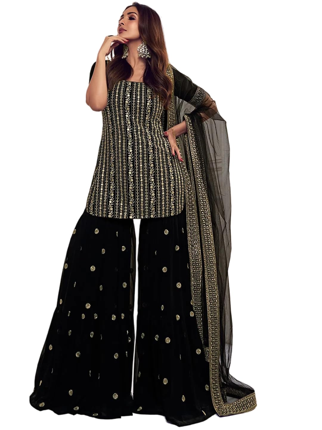 Fashion Basket Georgette Embroidered Kurta Set For Women Black