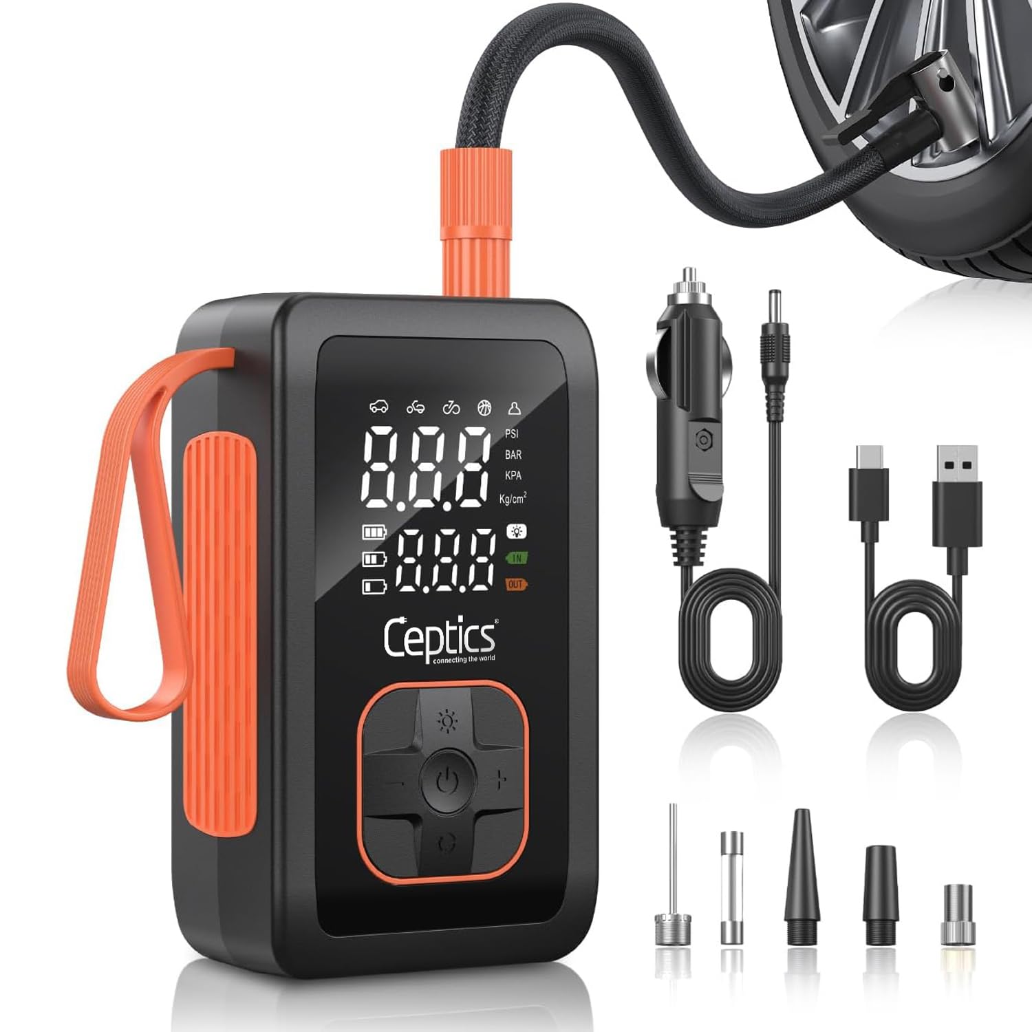 Ceptics Tyre Inflator for Car Compressor Air Pump, 3600 mAh Battery, 2X Faster Inflation, Dual Mode (Battery & 12V Car Port), 150PSI Air Compressor for Cars, Bikes, Motorcycles, Balls