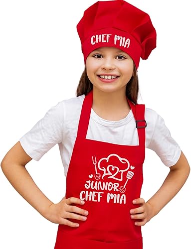 Miniatura 2 de Juego de delantal personalizado para niños con sombrero, delantal ajustable impermeable con 2 bolsillos para cocinar, hornear, pintar y arte, regalo