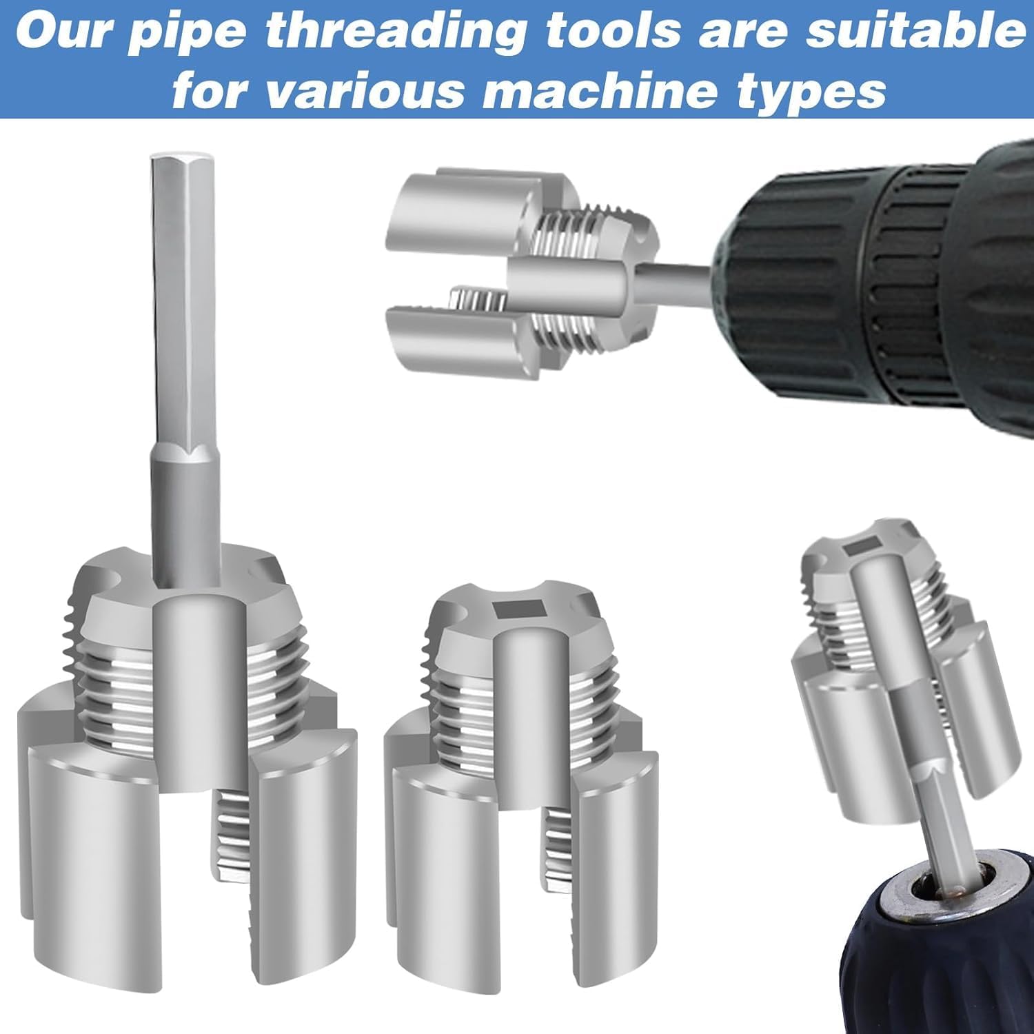 4 in 1 Water Pipe Wrench, Universal Pipe Opener for PVC Pipes, Integrated Internal & External Pipe Threading Tool for 1/2", 3/4" Water Pipes, Drill Driven Plumbing Repair Set