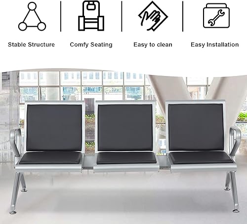 Miniatura 5 de Kinbor Silla de invitados de recepción de 3 asientos silla de sala de espera con cojín de piel sintética banco de invitados para el aeropuerto