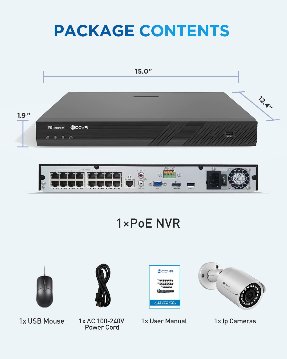 4COVR Registratore video di rete PoE H.265 a 16 canali, HD NVR funziona con telecamere IP 4MP/5MP/6MP/8MP, HDD da 4 TB preinstallato e due porte SATA fino a 16 TB, registrazione 24/7, ELY-NVR16P4TC