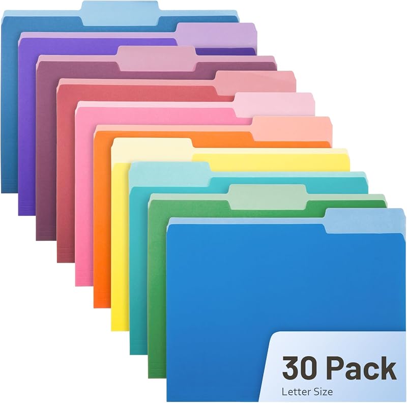Colored File Folders,30 Pack Manila Folders, Letter Size 8.5" x 11", 1/3-Cut Tabs, Assorted 10 Colors, for Office, School & Business Organization