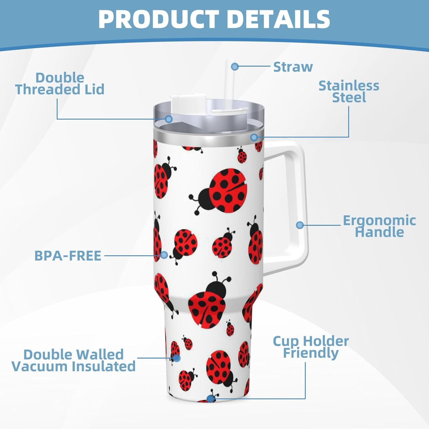 40 OZ Ladybug Print Ice Bully Cup with Handle Straw Lid Straw,Stainless Steel Tumbler Coffee Cup