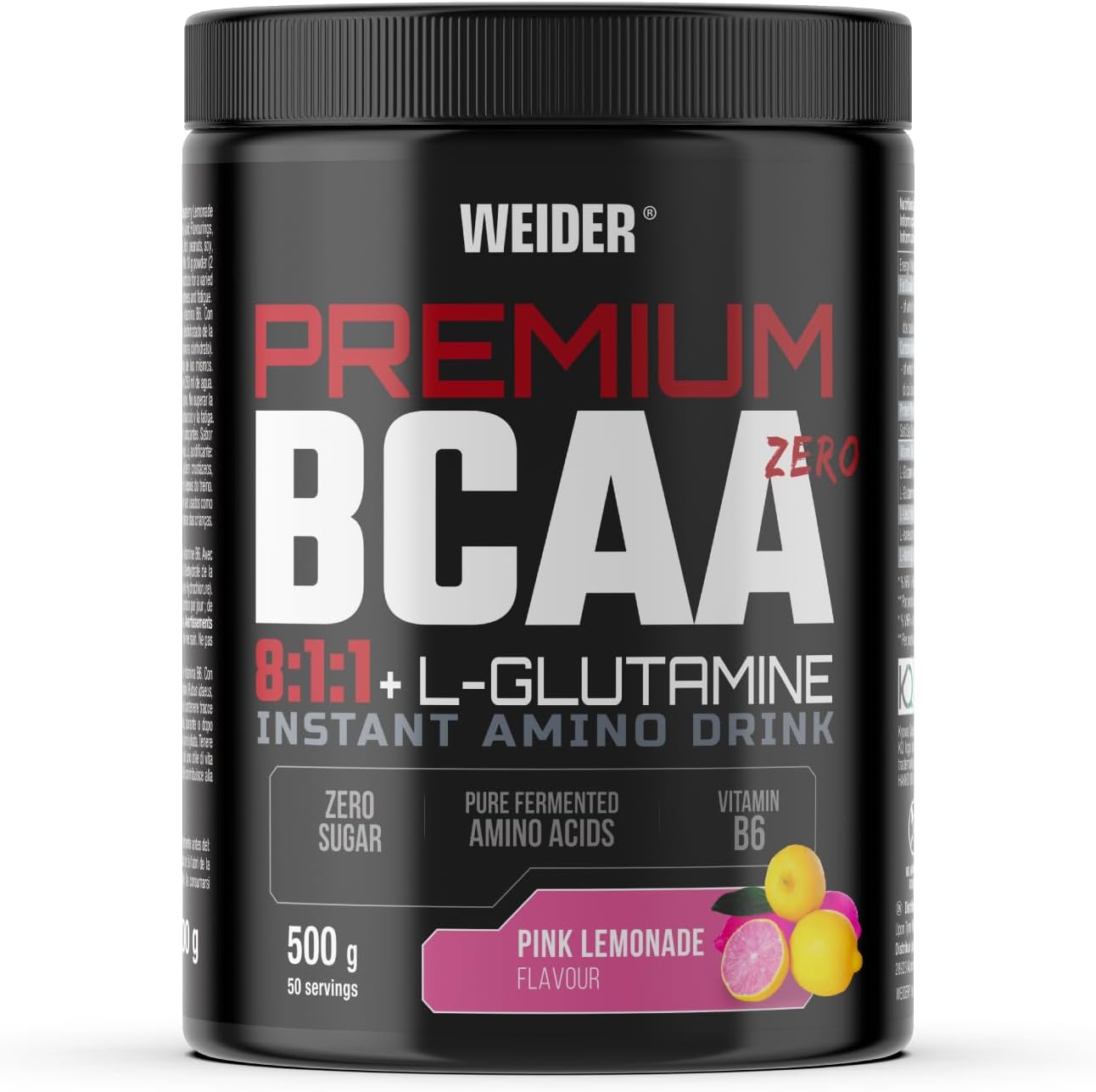 Premium BCAA 8:1:1+L-Glutamine (500g) Pink Lemonade Flavour, Recovery Combination of Amino Acids with Kyowa Quality® L-Glutamine, Vitamin B6, Increases and Protects Muscle Mass, Zero Sugar, Vegan
