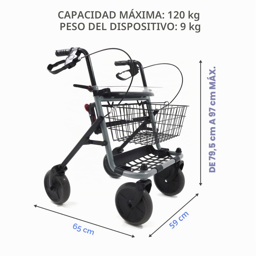 Andador andador para ancianos y discapacitados plegable y ajustable con 4 ruedas, rodillo con frenos de estacionamiento, asiento y cesta para exteriores e interiores, aluminio