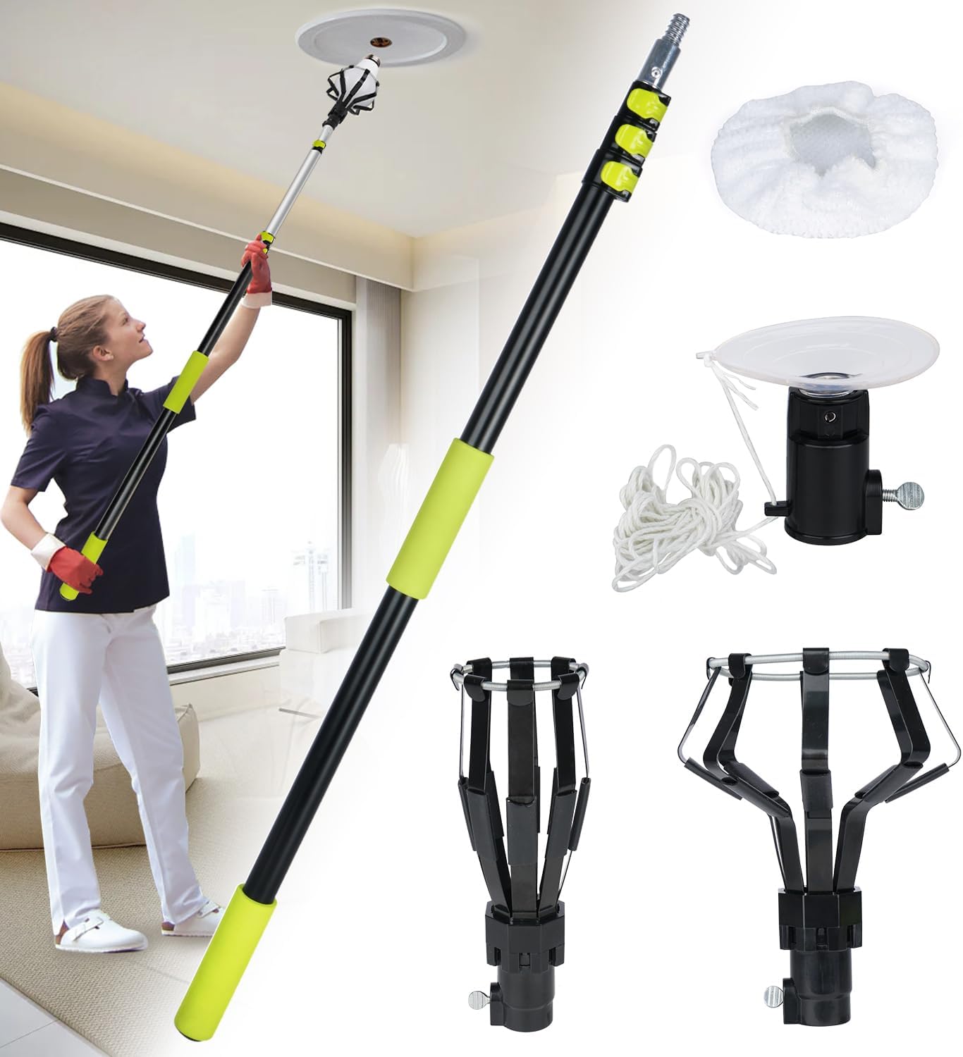 Light Bulb Changer Pole Kit 3 FT to 12 FT Telescoping Extension Pole with 2 Baskets and Suction Cup for High Ceilings and Recessed Lights Lightbulb Removal Changing