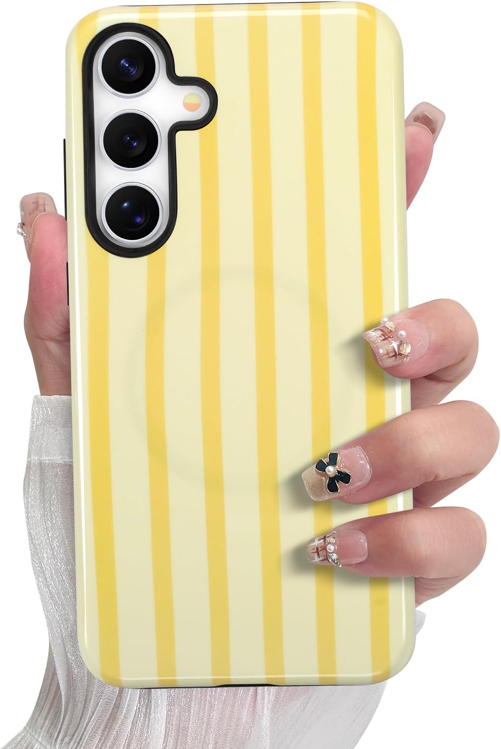 SOKAD Magnetic Vertical Stripes Phone Case for Samsung Galaxy S25, Cute Yellow Striped Pattern Compatible with Magsafe Glossy Protective Case Cover with Screen Protector for Girls Women