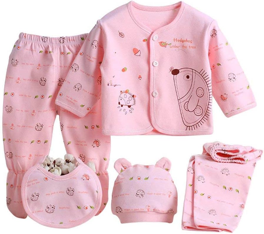 Infant Baby Boy Girl Clothes Outfits 5Pcs Sleepwear Set Long Sleeve Tops+Hat+2Pcs Pants+Bib Clothes Set Gift for 0-3 Months Newborn