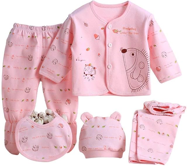 Infant Baby Boy Girl Clothes Outfits 5Pcs Sleepwear Set Long Sleeve Tops+Hat+2Pcs Pants+Bib Clothes Set Gift for 0-3 Months Newborn