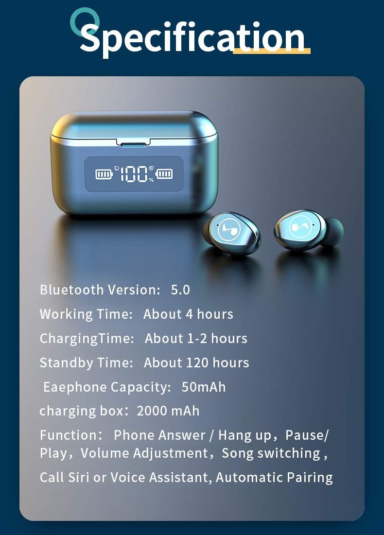 Image summarizing product specifications: Bluetooth Version 5.0, Working Time About 4 hours, Charging Time About 1-2 hours, Standby Time About 120 hours, Earphone Capacity 50mAh, Charging Box 2000mAh, Functions.
