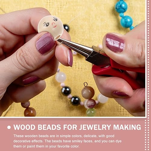 Miniatura 2 de Sewroro 50 cuentas de madera de cara sonriente, cuentas de madera redondas espaciadoras con agujero, cuentas de cabeza de muñeca para niñas, cuentas