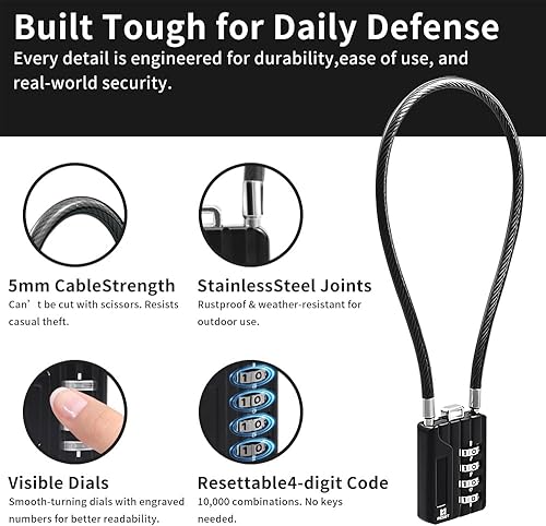 Miniatura 3 de RESET -201 (1 unidad) Candado de combinación de 4 dígitos con cable flexible de 20 pulgadas, bloqueo de cable largo para basura, casillero,