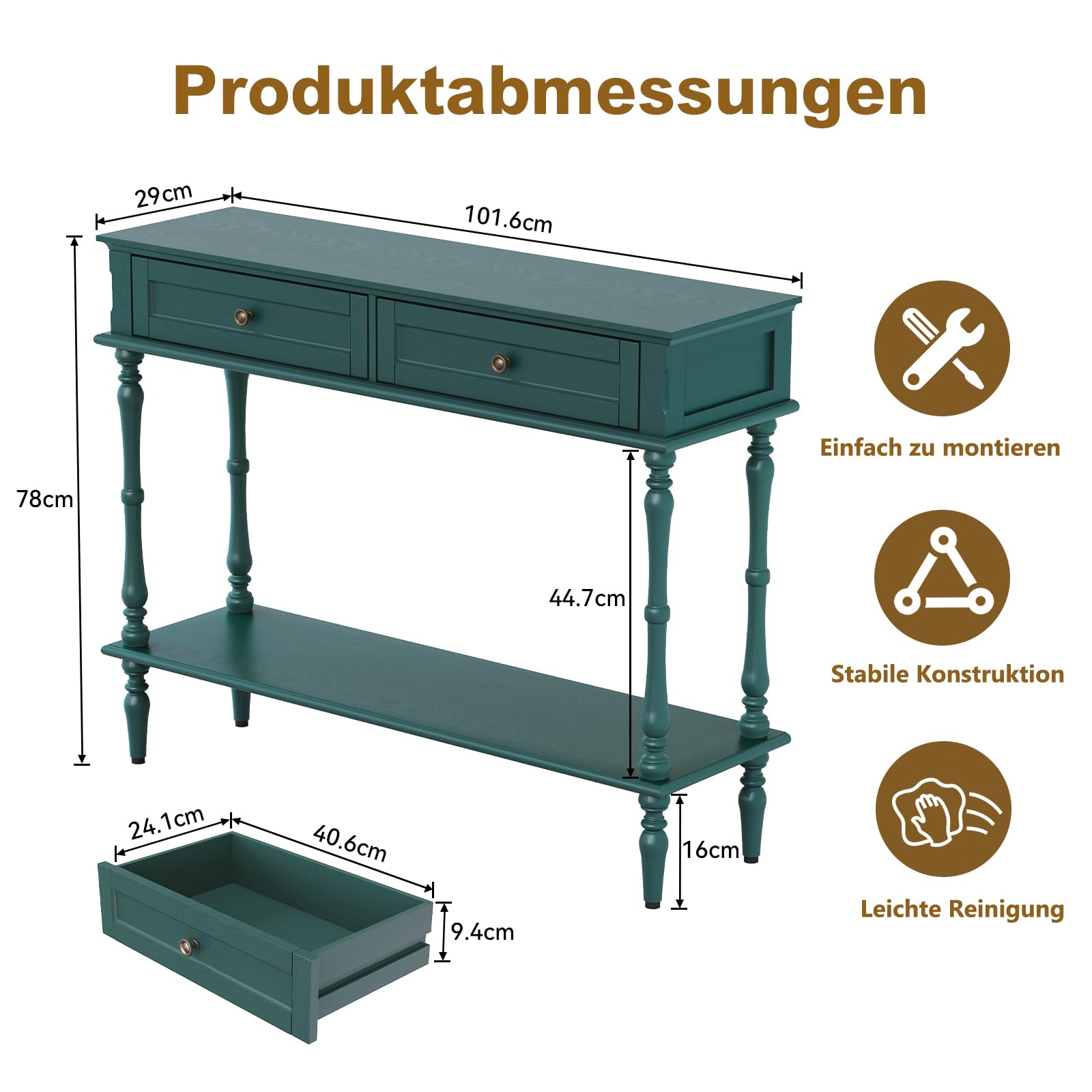 Konsolentisch mit Schubladen, Grün Konsolentisch Schmal Holz mit Schublade Konsolentische fürs Wohnzimmer, Eingang, Hausflur, Schlafzimmer