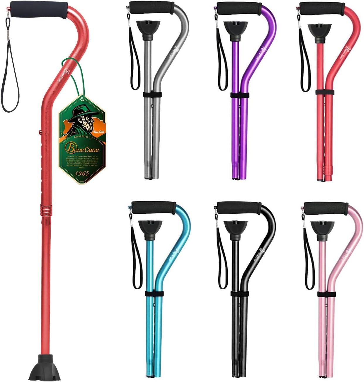 BeneCane Walking Cane for Men & Women Adjustable Cane with Offset Soft Cushioned Handle -Portable Lightweight Sturdy Mobility Walker Aid for Elderly, Seniors Collapsible Cane