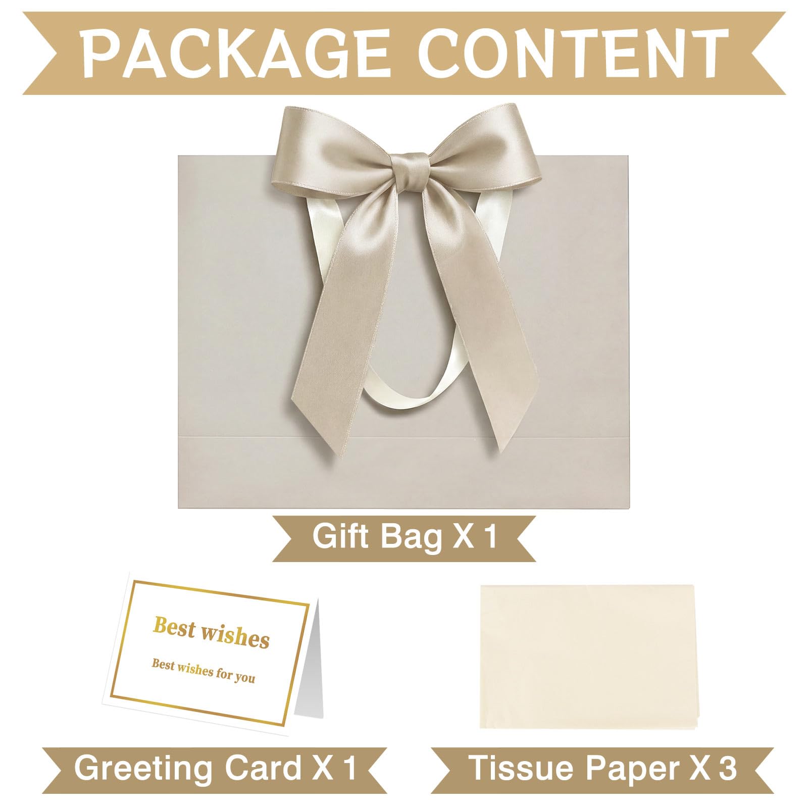 Laidans 13" Gift Bag with Handles and Bow Ribbon, Large Gift Bag with 3 Tissue Paper and 1 Card for Birthdays, Baby Showers, Wedding, Bridal Showers, Mother's Day (Champagne)