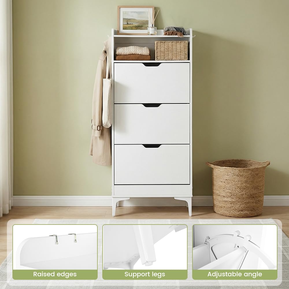 EGGREE Zapatero Alto y Estrecho con 3 Puertas Abatibles y Compartimento Abierto, Mueble Ahorrador de Espacio para Pasillo, Apartamento, Habitaciones, Blanco, 60x24x159 cm