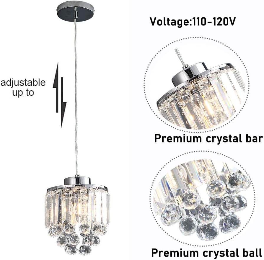 Close-up view of the OUKANING pendant light, highlighting the premium crystal bar design and the premium crystal ball details.