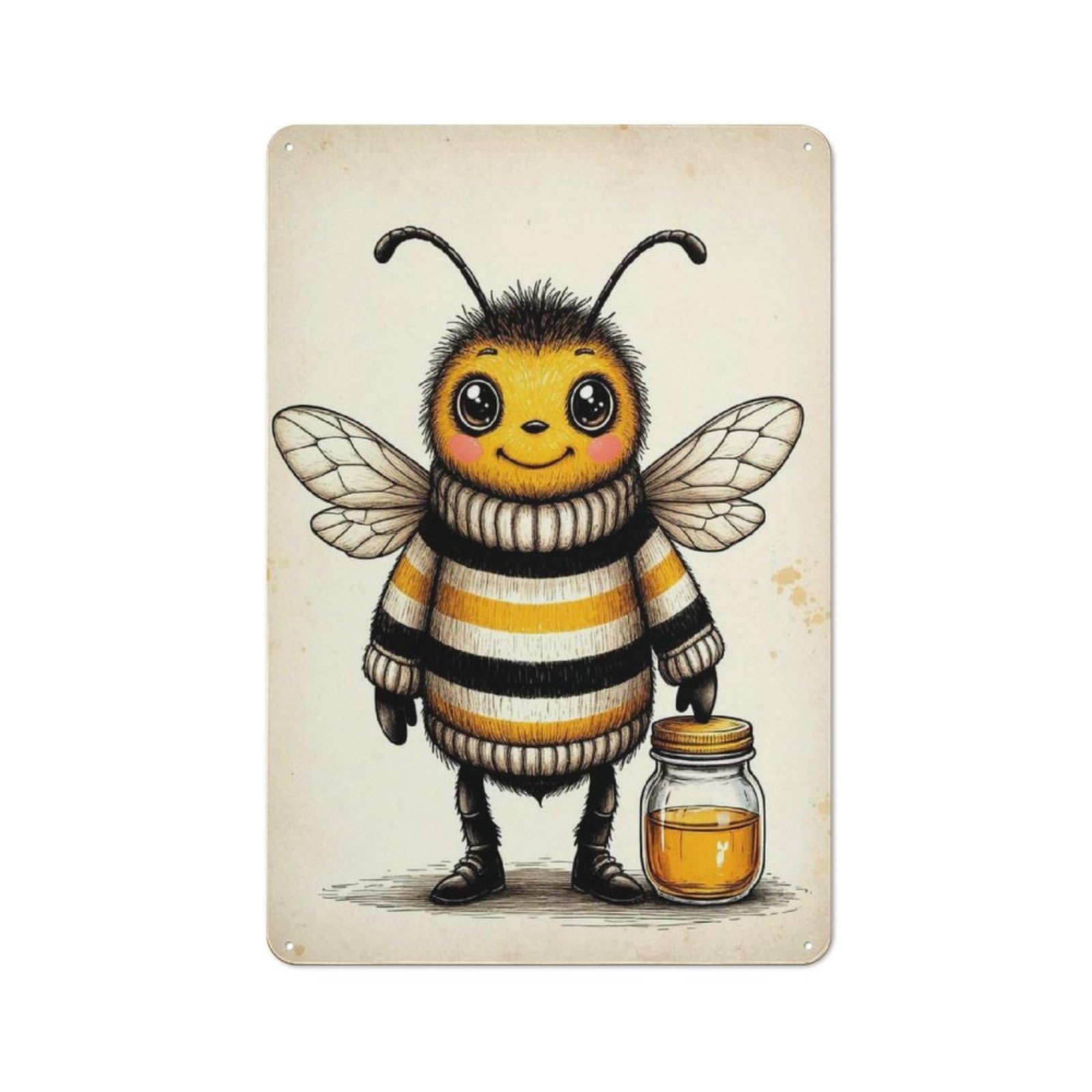 Junmoney Cute Bee With Honey Jar Tin Sign 30X20cm With For Workshop Wall, Retro Decor, For Vintage Wall Decor Fans, For Garage And Workshop Walls