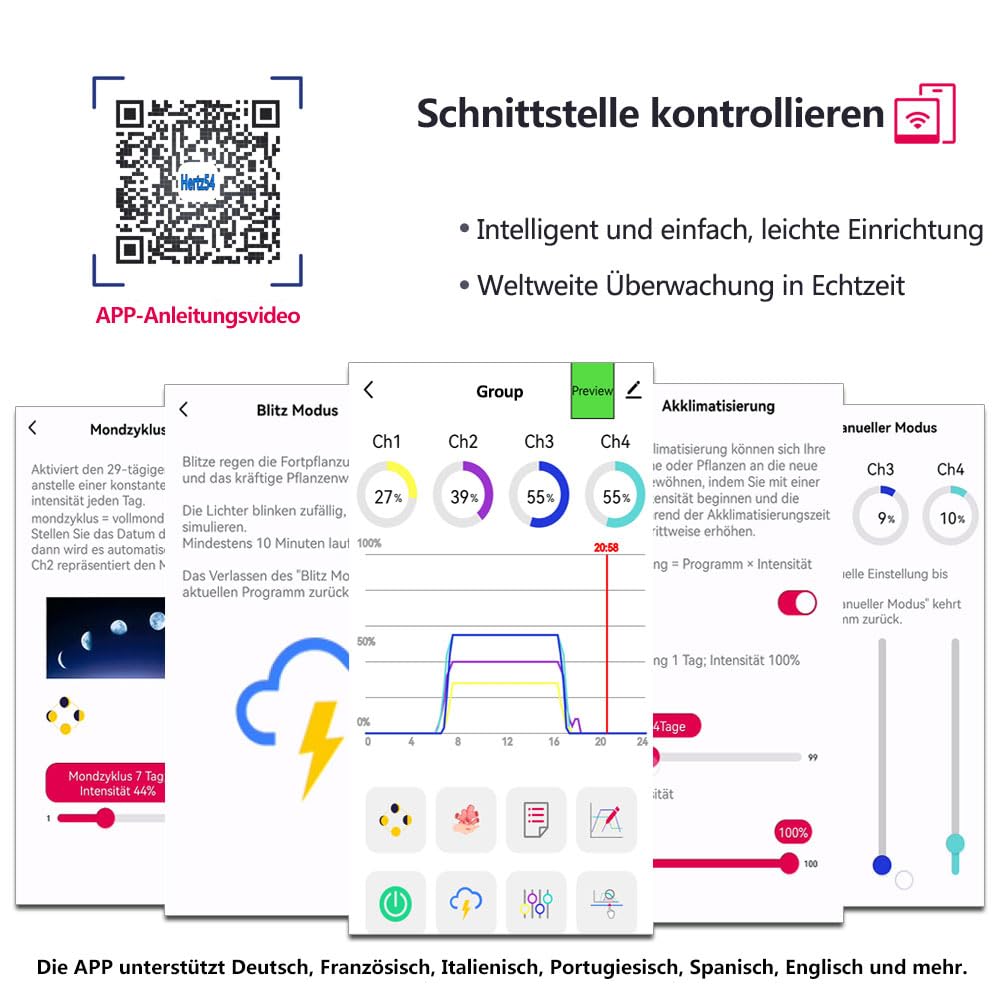 PopBloom Hertz H54 WiFi Aquarium LED Beleuchtung, 60W Dimmbare Meerwasser LED Beleuchtung mit 4 Kanäle, Aquarium Lampe Korallenriff Licht mit APP-Steuerung