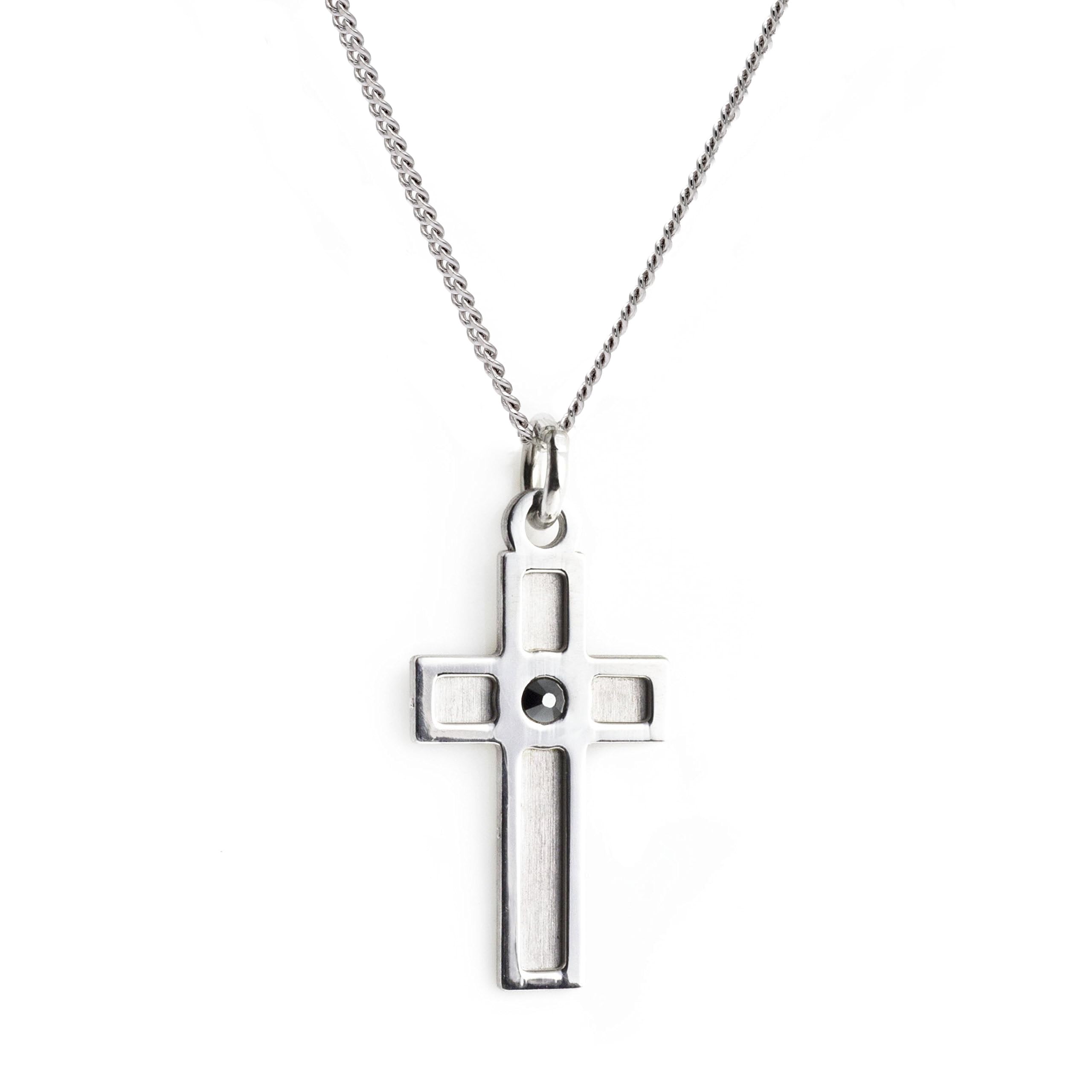 AKA Gioielli - Collar con Cruz para Hombre y Mujer en Plata de Ley 925 Chapada en Rodio, colgante con cristal de Hematita, cadena ajustable de 45-50 cm, joya hipoalergénica, idea regalo elegante