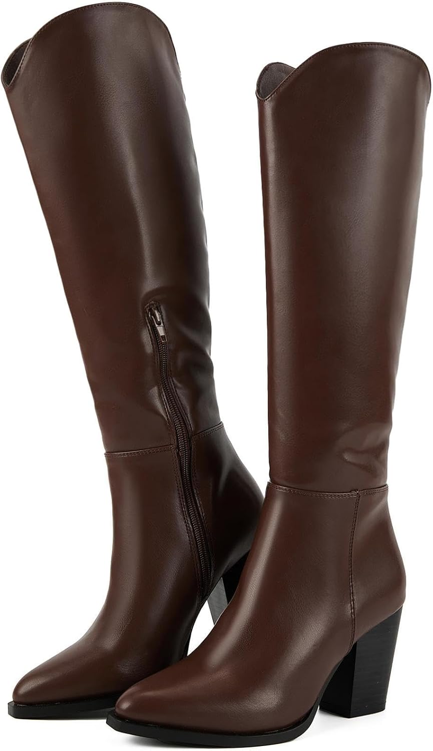 Putu Women's Knee High Boots High Heel Western Boots Pointed Toe Tall Boots