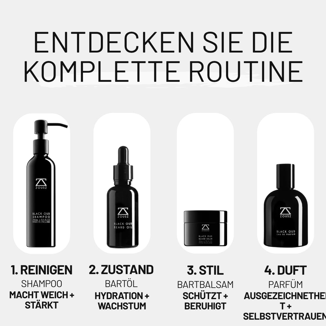 ZOUSZ Bartöl Für Herren, Black Oud Bartöl, 30ml | Mit Natürlichem Avocado-, Argan- & Macadamiaöl Für Einen Weichen, Gepflegten Und Voller Wirkenden Bart