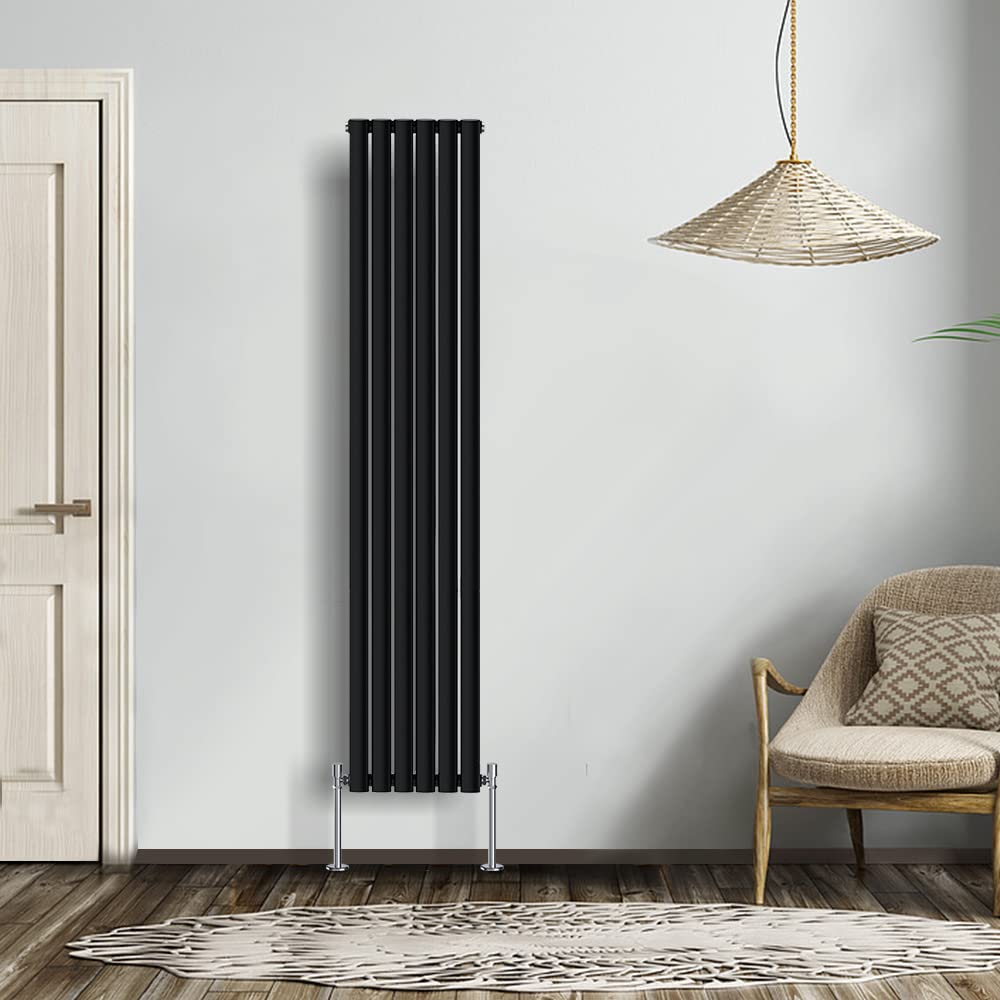 NRG Modern Radiator Black 1800x354mm Single Oval Panel Heater Interior Designer Vertical Bathroom Radiators