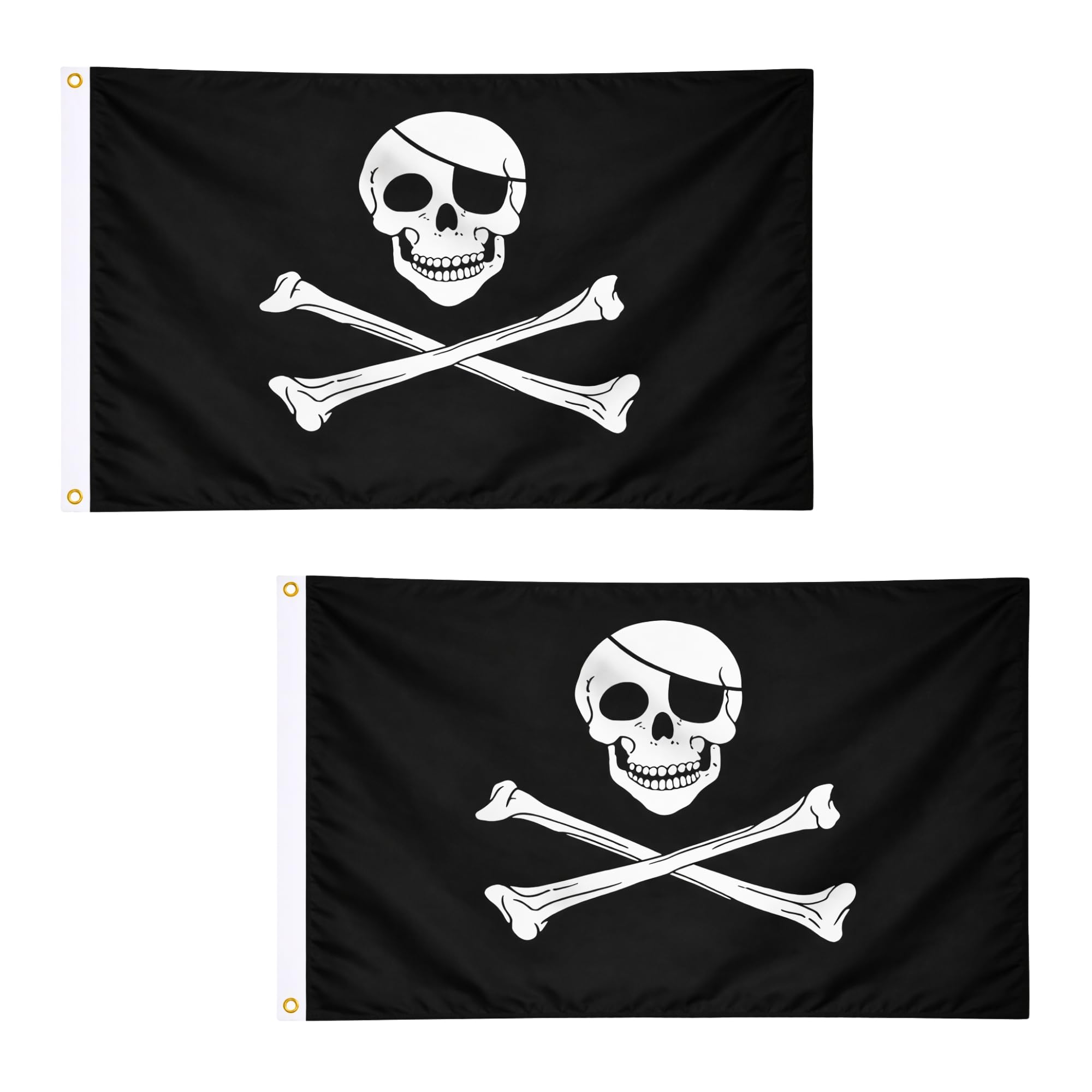 2 Pcs Jolly Roger Skull and Crossbones Pirate Flag 5ft x 3ft with Brass Eyelets – Polyester Pirate Banner for Halloween Parties, Bar & Garden Decor, Bar, Boat & Garden Decor