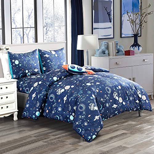 WPM WORLD PRODUCTS MART Kids Collection Bedding 5 Piece Blue Space Ship Rocket Print Full Size Comforter Set with Sheet Pillow sham and Rocket Toy Fun Stars Planets Design (Pandora, Full Comforter)