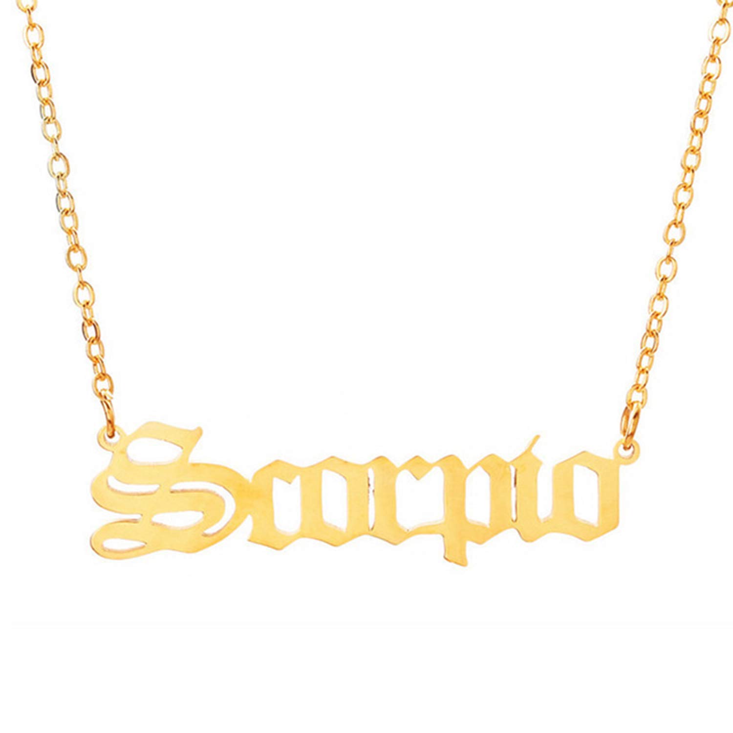 HUASAI Old English Zodiac Necklace for Women Gold Stainless Steel Horoscope Necklace for Girls