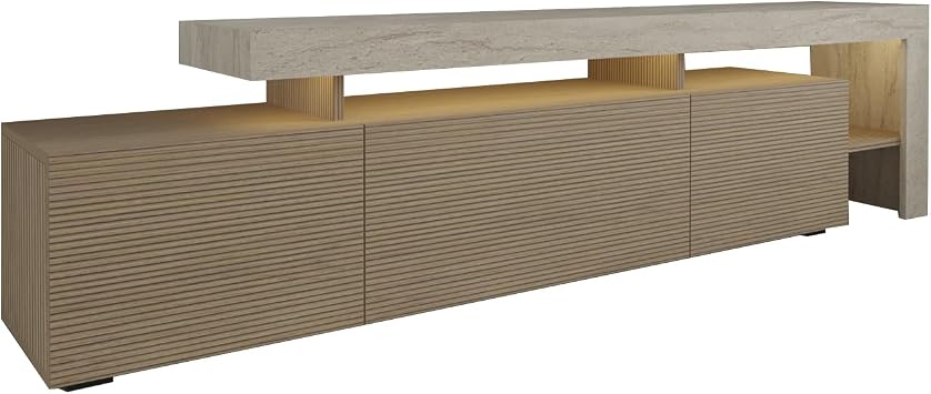 Beliz Modern LED Işıklı 3 Kapaklı, Raflı TV Sehpası – 192 cm Traverten/Sıcak Meşe