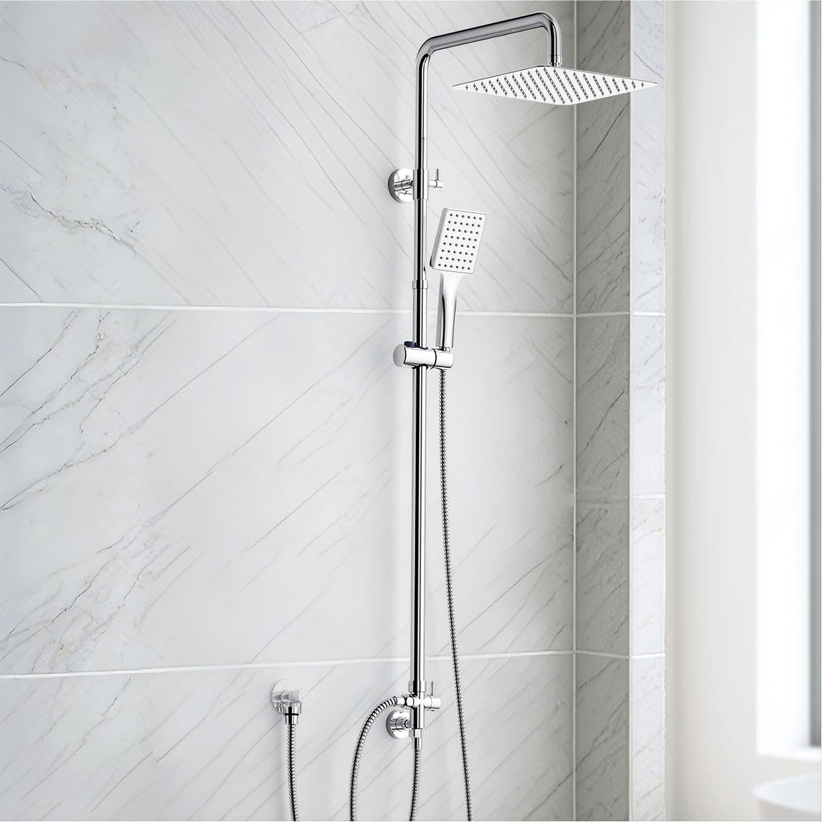 SunCleanse Regendusche ohne Armatur, Eckiger Duschkopf aus Edelstahl 25x25 cm, höhenverstellbar Duschstange von 75-110cm, Mit Hochdruck Handbrause, Duschsystem mit Messing-Umschaltventil, Chrom