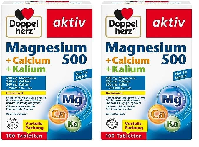 Doppelherz Magnesium + Calcium + Kalium - hochdosiertes Magnesium als Beitrag für die normale Muskelfunktion und das Elektrolytgleichgewicht - 100 Tabletten (Packung mit 2)