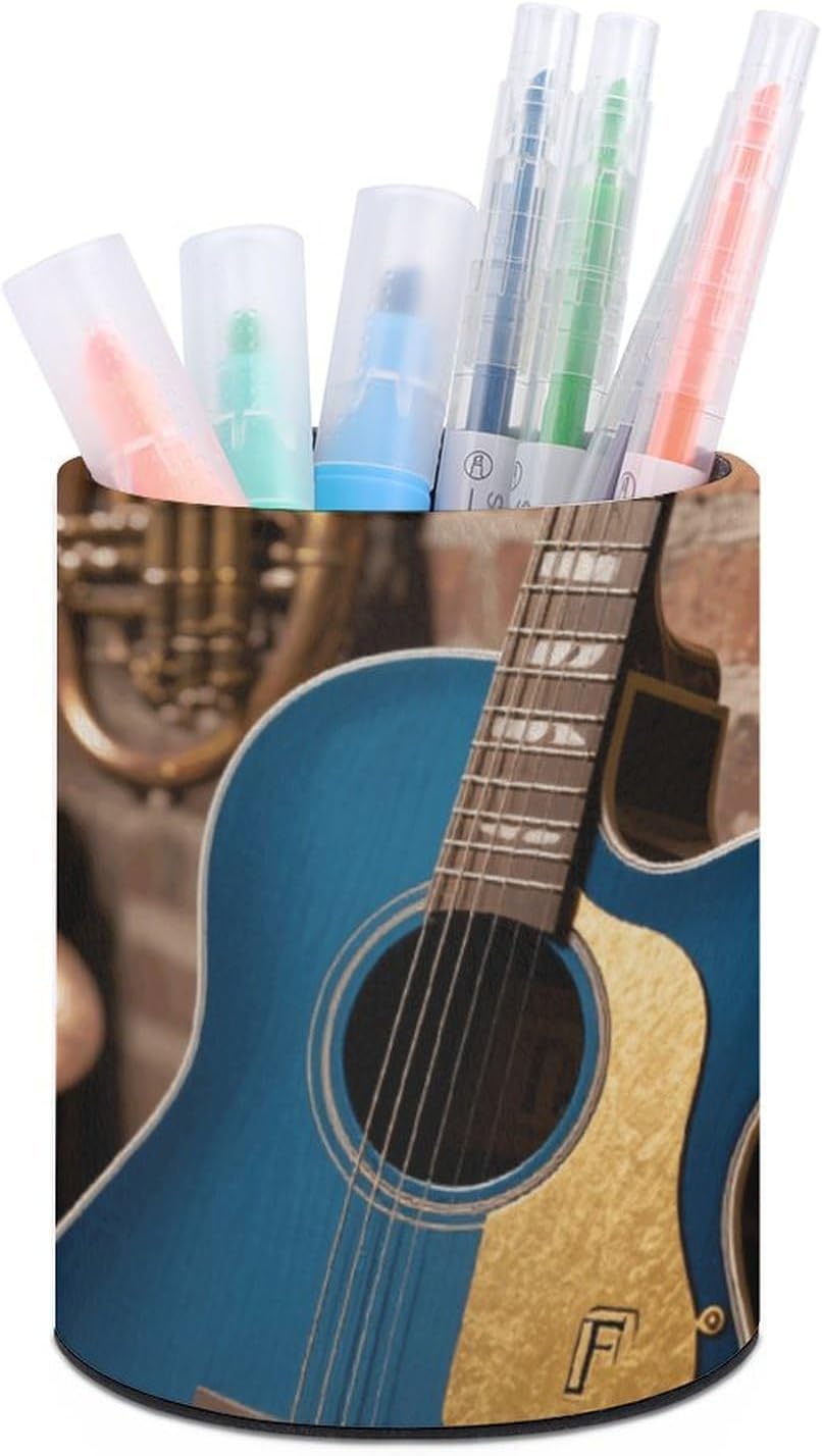 PU Leather Musical Guitar Pen Holder Desk Stationery Organizer Remote Control Container Caddy Multifunctional Makeup Brush Storage Box Desktop Decor for Office Home