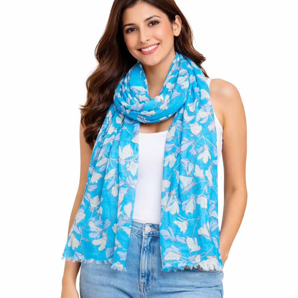 Blue Floral Print Lightweight Women's Scarf Stole-image-19