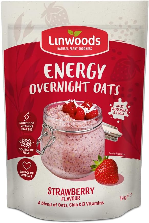 Linwoods Strawberry Energy Overnight Oats | 1kg Porridge Oats | Healthy Breakfast Food | Vegan Friendly & Gluten Free