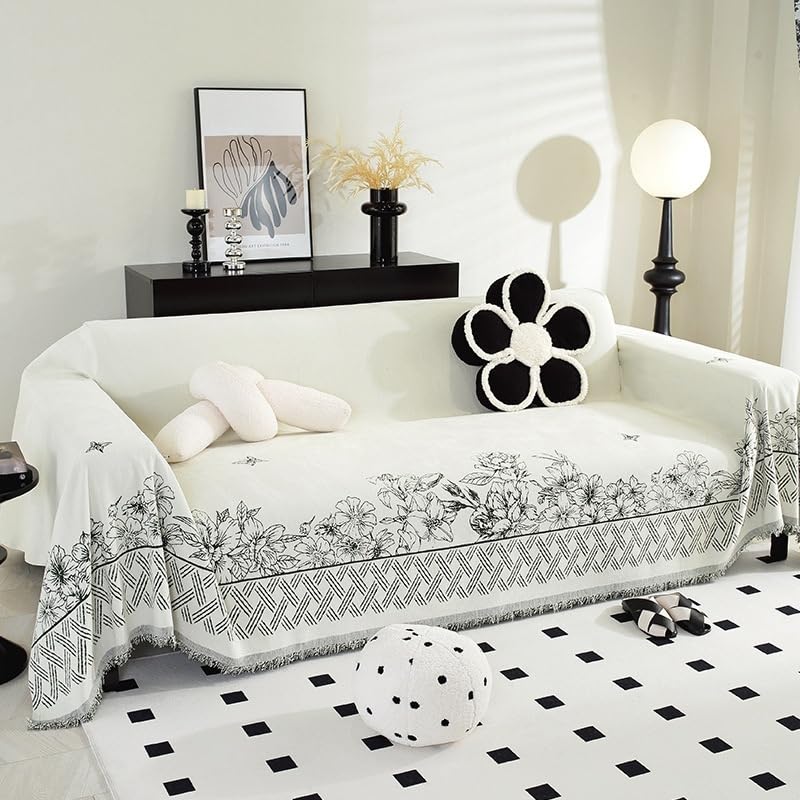 Housse de canapé d'angle à fleurs jacquard et pompons doux