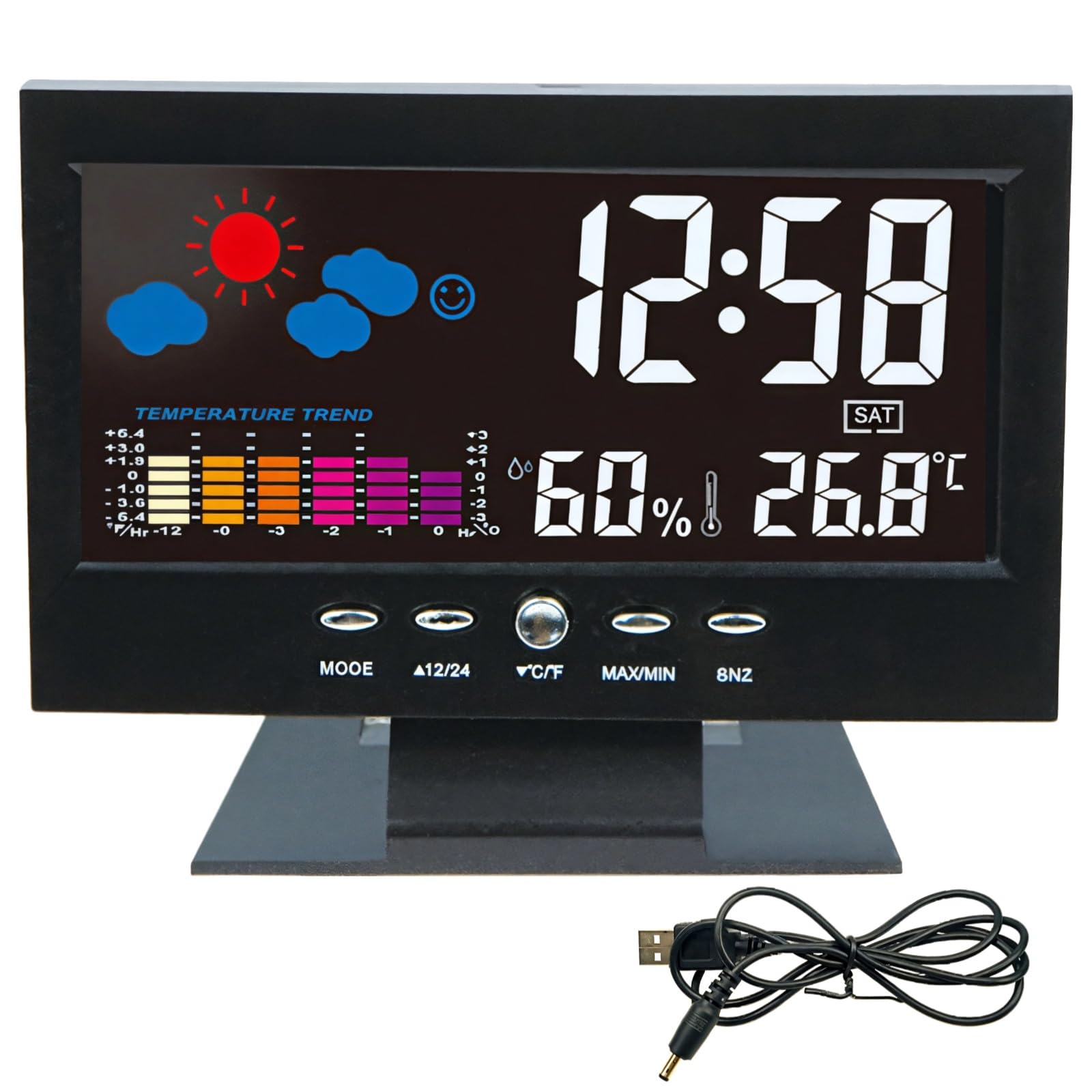 Color LCD Weather Clock with Time, Temperature & Humidity, Voice-Controlled Backlight, USB Powered, Ideal for Home and Office
