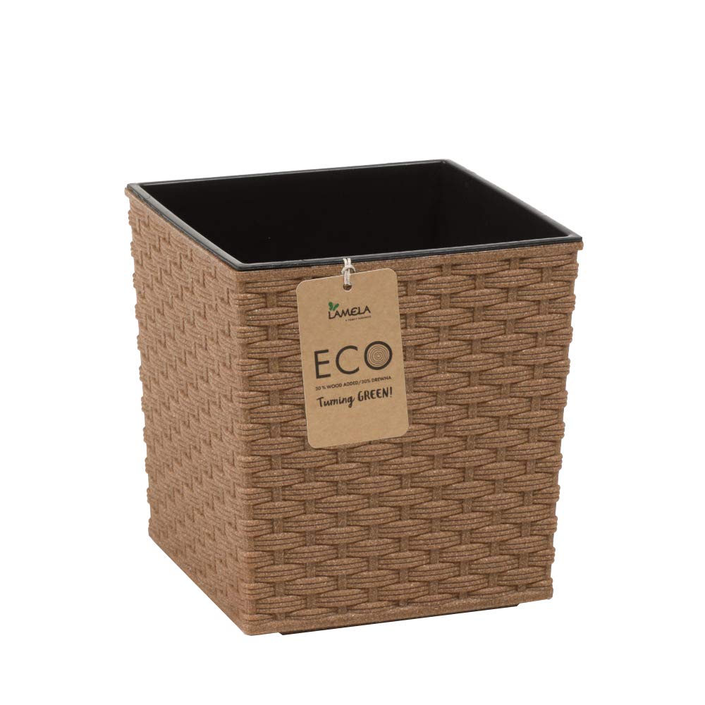 Muddy Hands Eco Friendly Rattan Plant Pot Indoor Home Outdoor Garden Square Flower Planter - Made from Recycled Plastic & Wood (Square Small, Brown)