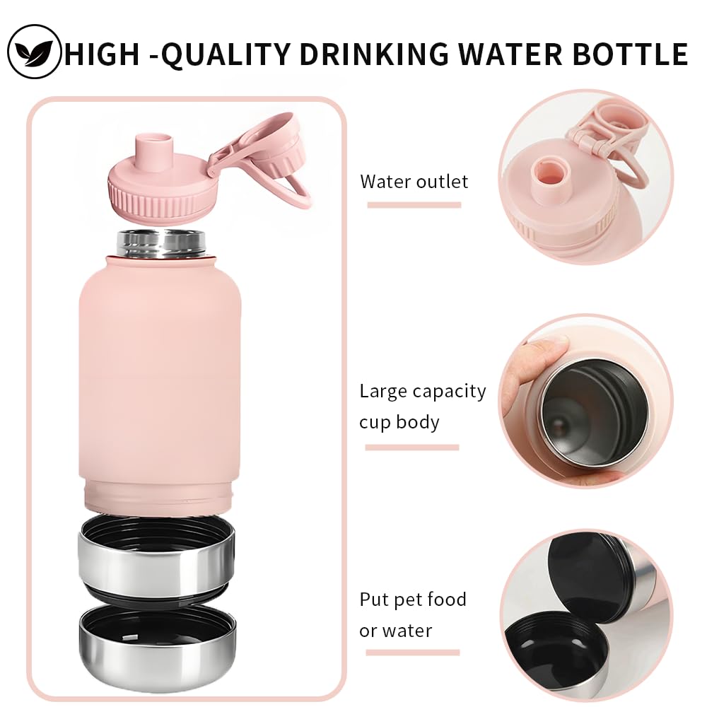Pets Hundetrinkflasche für Unterwegs, 950ml Isolierte Edelstahl Trinkflasche Hunde mit Futterbehälter Wassernapf & Tragegriff, Tragbare Hundeflasche BPA-frei für Reise Spaziergang & Outdoor, Rosa